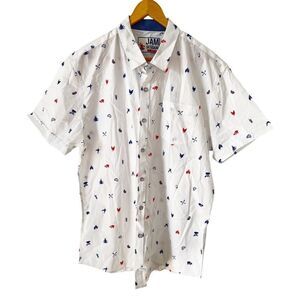 Jam Session White BBQ Themed Pattern Short Sleeve Button Down Shirt